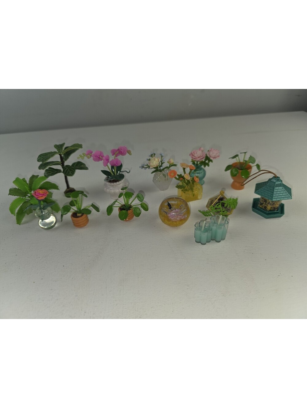 Vtg Dollhouse Artisan + Garden Plants Flowers Birdfeeder Fishbowl Candles